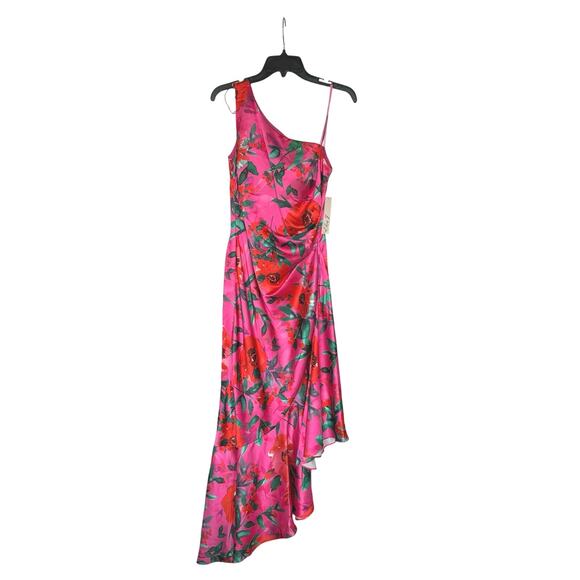NWT Eliza J Petite Floral Satin Asymmetric-Hem Midi Dress Pink Multicolor Size 6 - Picture 4 of 9